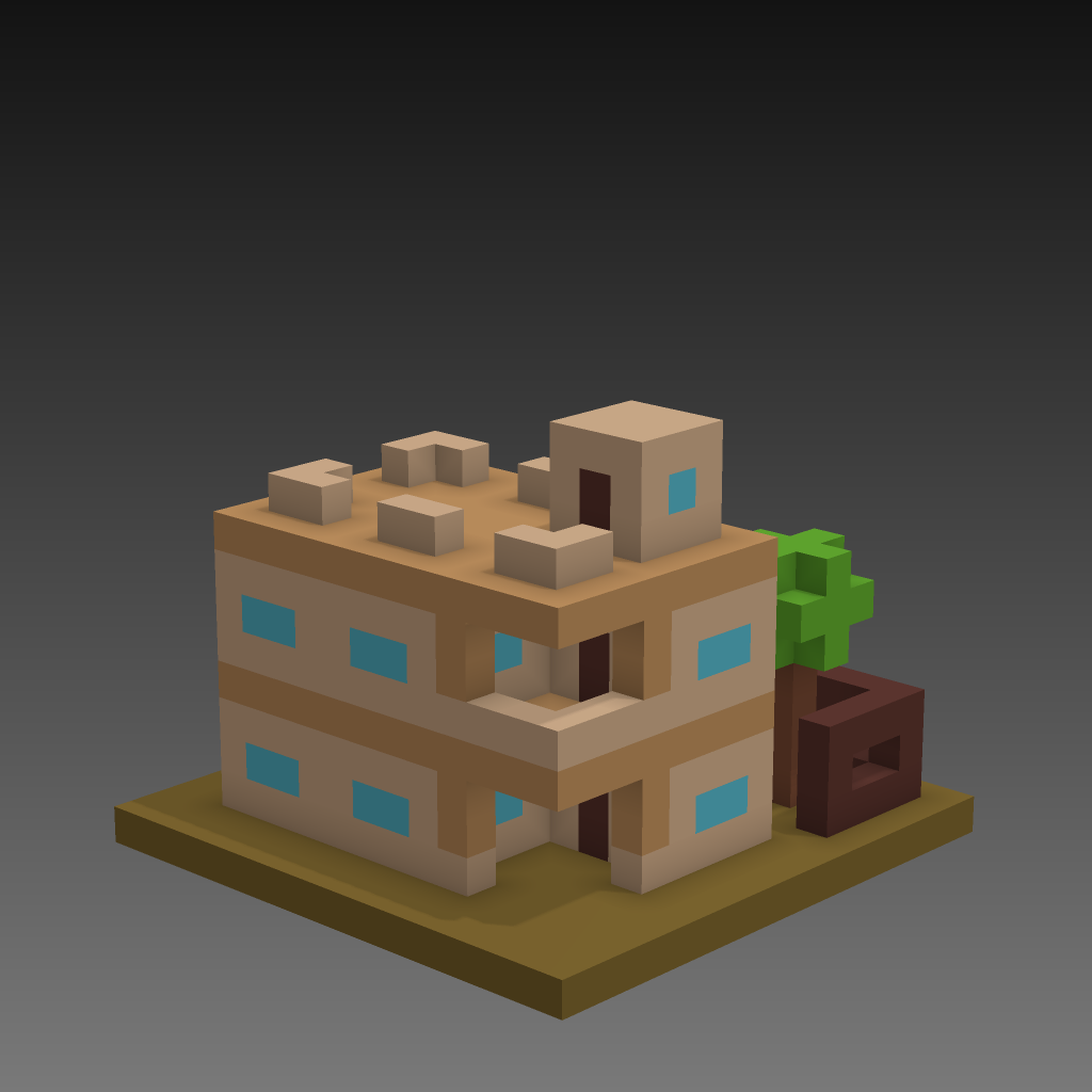 Voxel art depicting a tiny condominium with a corner balcony over the entrance and a tree around the back, in a fenced area.