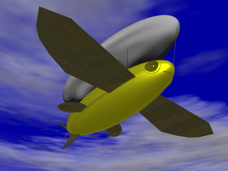 3D render of a whimsical airship resembling a flying fish, painted yellow and with brass flippers, against a blue sky with wind-torn clouds. The nacelle hangs from an elongated canvas balloon, and has a propeller at the aft end.