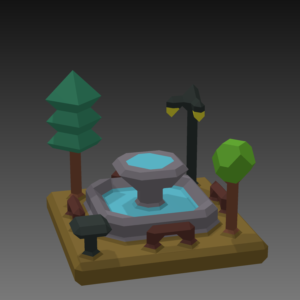 3D miniature of a stylized fountain in a park, surrounded by trees, benches and a lamp post.