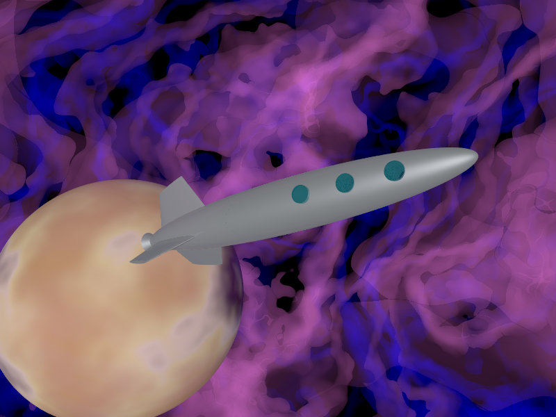 3D render depicting a classic sci-fi rocketship on a background reminiscent of fake-color photos of nebulae.