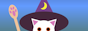 Head of a white cat in purple wizard hat, and a staff with a pawprint symbol.
