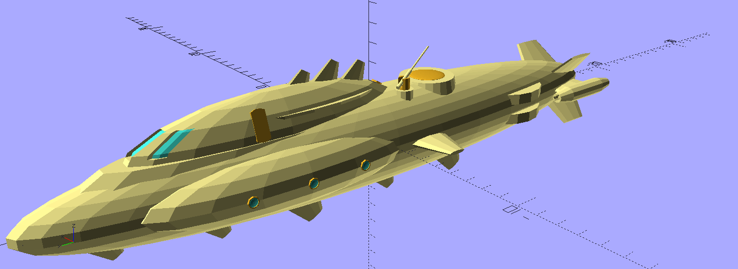 Preview of a 3D model depicting a futuristic submarine with bulbous shapes and many sharp fins. It's yellow.