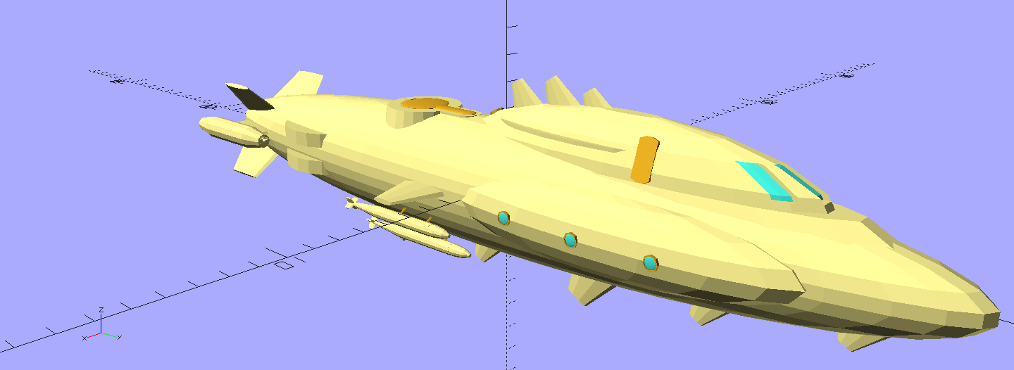 Preview of a 3D model depicting a futuristic submarine with bulbous shapes and many sharp fins. It's yellow.