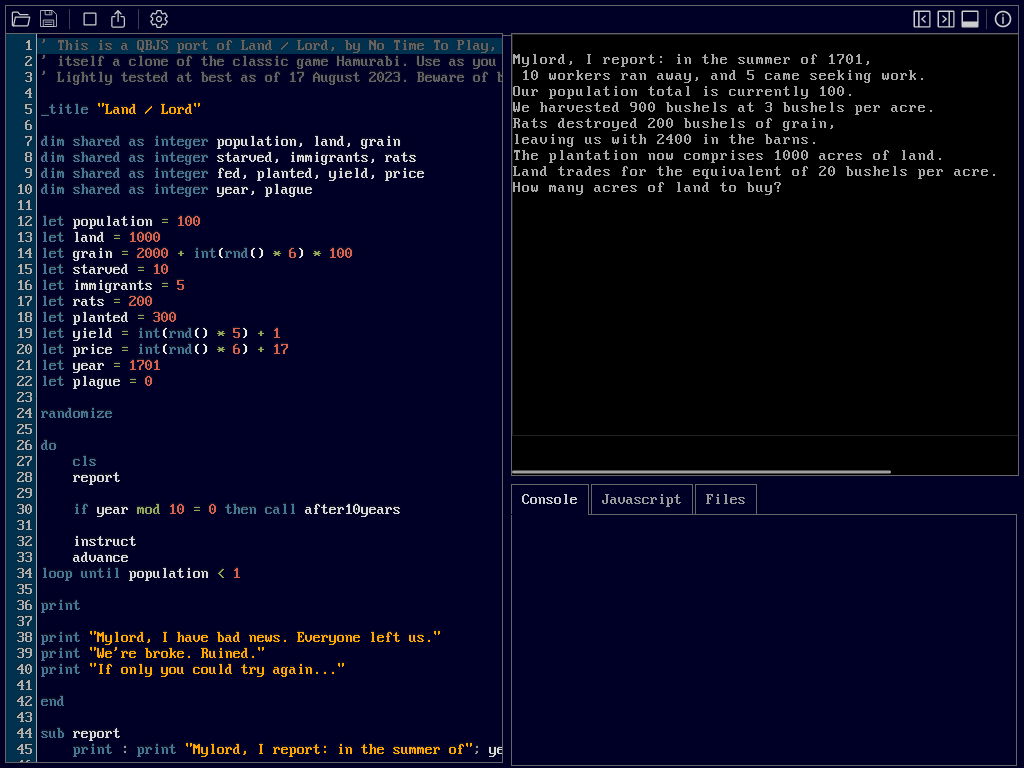 Screenshot of a web-based IDE with three panes, showing a tall column of colorized source code next to an output window and a console, all with few buttons.