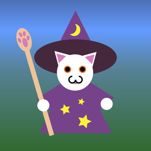 A white cat in purple wizard robe and hat, carrying a staff with a pawprint symbol.