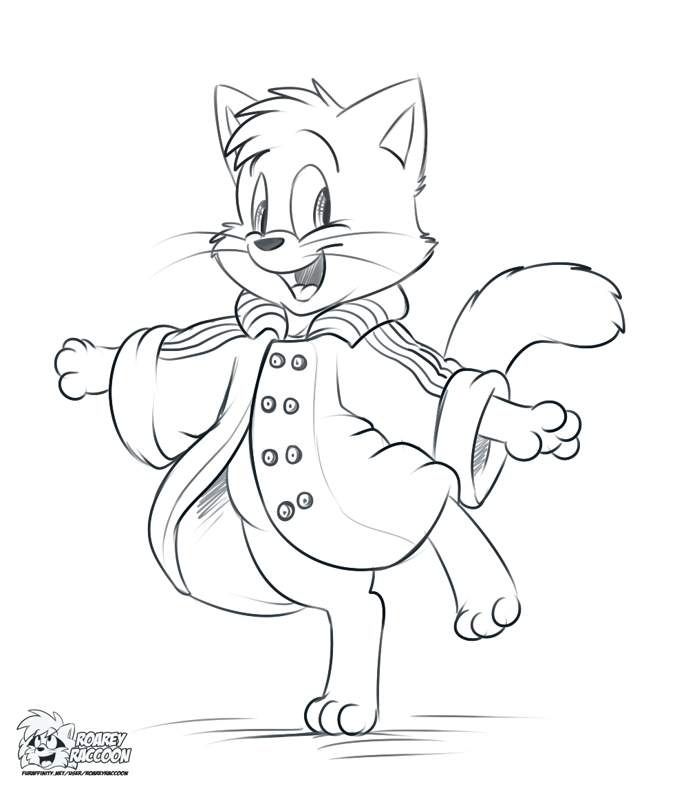 Line art of a cartoon cat in a sailor suit prancing about.